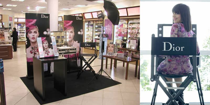 Dior-Schminkstation im Store mit professionellem Kosmetikkoffer von Cantoni und Dior-Regiestuhl.