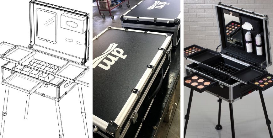 Dior-Schminkstation im Store mit professionellem Kosmetikkoffer von Cantoni und Dior-Regiestuhl.