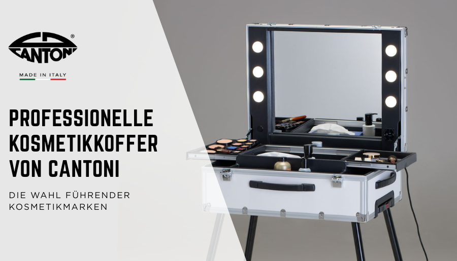 Ein eleganter, professioneller Kosmetikkoffer von Cantoni, geöffnet und mit sorgfältig organisierten Make-up-Fächern sowie integrierter LED-Beleuchtung – die Wahl führender Kosmetikmarken.